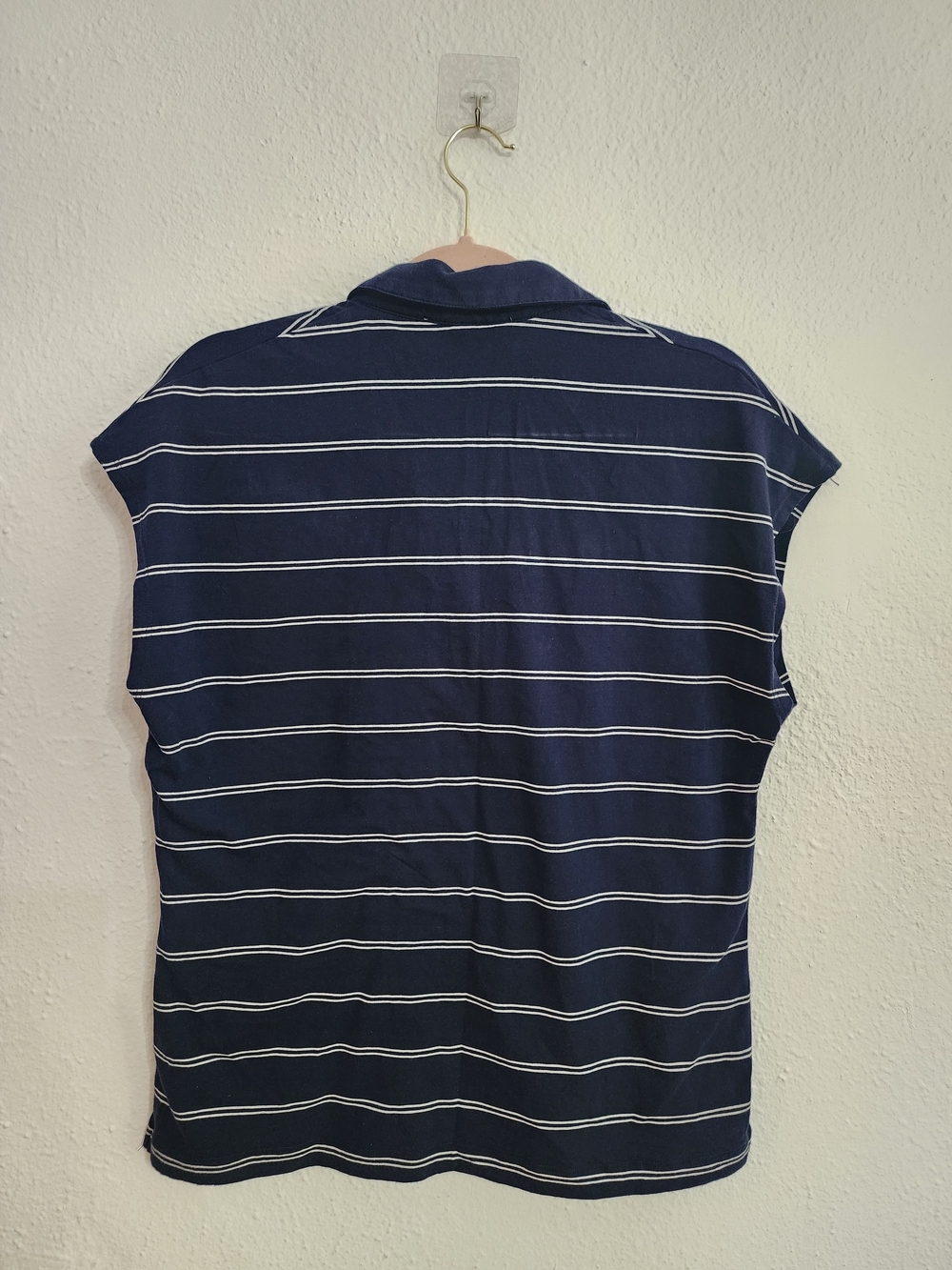 Simons Contemporaine Organic Cotton Navy & White Striped Preppy Polo Button-Down - Picture 3 of 8